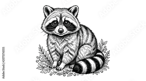 Raccoon sitting on the ground looking.