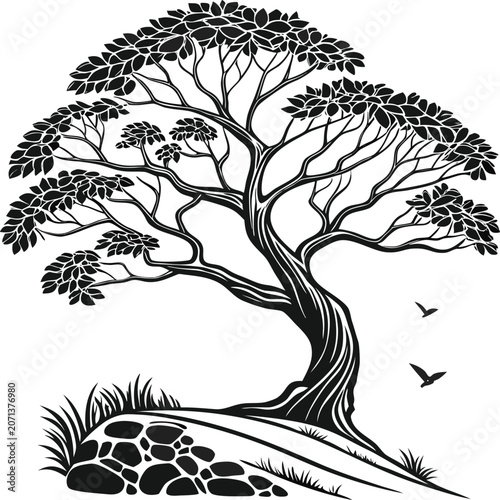 Tree Silhouette Vector - Organic Mosaic Line Art with Birds for Tattoo, Logo, Coloring Book, Wall Decor