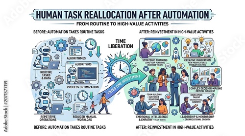Business infographic showing human task reallocation after automation