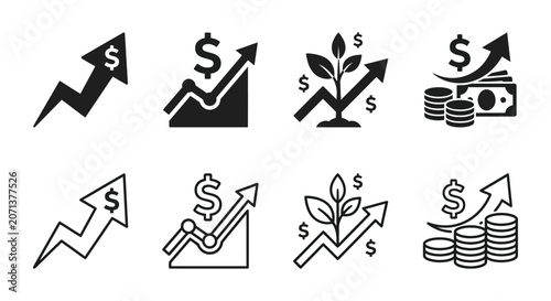 Financial growth icons black line art on a white background