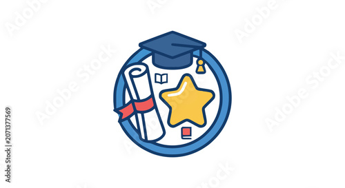 Graduation Achievement Badge Icon with Diploma, Academic Cap and Gold Star