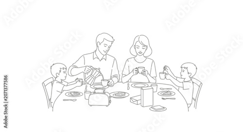 Happy Family Having Breakfast Together Line Art Illustration