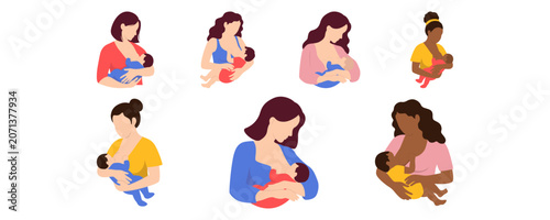 Set of Mother Breastfeeding Baby for Maternal Health Awareness and World Breastfeeding Week Illustration. Vector Set
