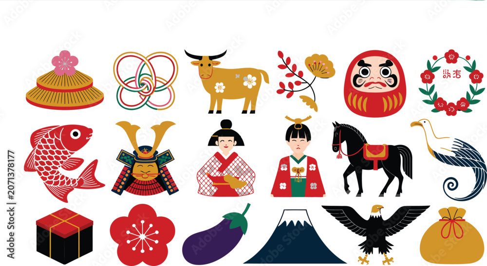 Obraz premium A comprehensive collection of traditional Japanese cultural symbols, including Daruma dolls, Mount Fuji, samurai helmets, and geisha figures, showcasing rich heritage and iconic elements.