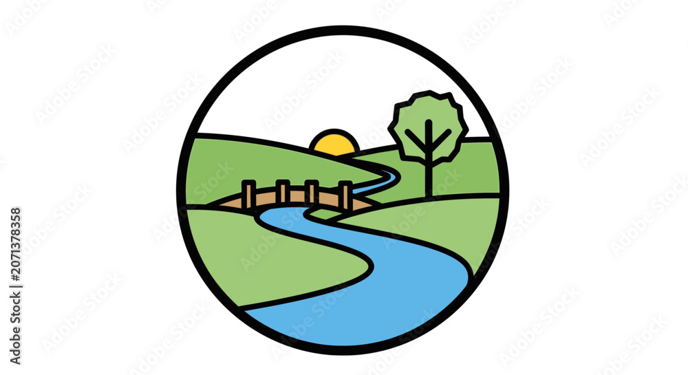 Fototapeta premium Sunset scene with a winding river flowing through a green landscape with a wooden bridge and a tree.