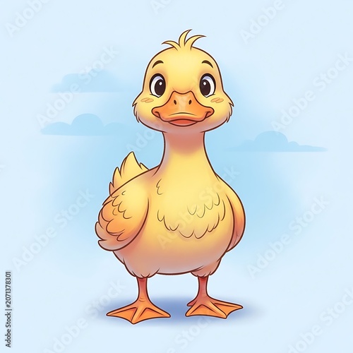 Adorable baby duckling standing tall with bright yellow feathers and a friendly expression created in a charming digital illustration style suitable for children books or cute nursery wall art prints