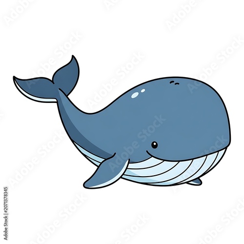 Charming blue whale illustration featuring a cute aquatic mammal with a friendly smile and rounded body shape rendered in a clean flat graphic style isolated on a plain white background