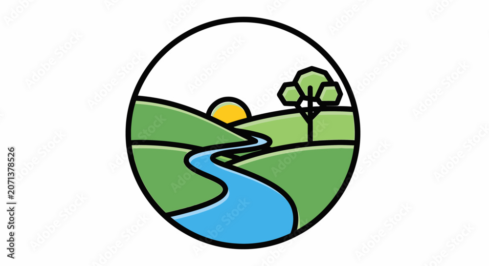 Fototapeta premium Sunset over rolling hills with a serene river flowing through