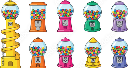 Retro Gumball Machine Vector Illustration Set featuring Colorful Bubblegum Vending Dispensers and Spiral Track Chute for Candy Shop Designs