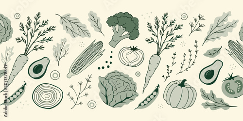 Seamless Hand Drawn Vegetable Pattern with Avocado, Broccoli and Fresh Organic Produce