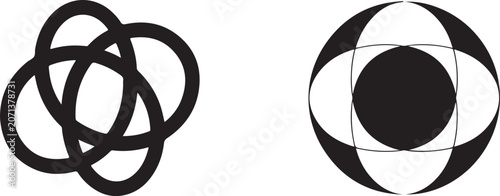 Abstract black and white symbols including a cluster of interlocking rings and a stylized eye or orb with intersecting lines