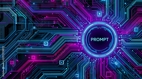 Futuristic high-tech digital circuit board background with a glowing neon central core containing the word prompt and surrounded by complex blue and magenta electronic paths and networks.