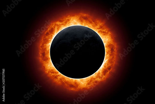 Total solar eclipse featuring a vibrant orange and red solar corona with intense flames surrounding a dark moon silhouette, astronomical phenomenon cosmic space event against black.