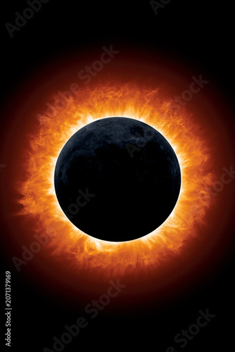 Dramatic total solar eclipse with the moon perfectly centered against a vibrant orange and red solar corona featuring intense flame textures set against a deep black space background.