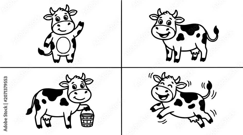 Obraz premium Cows in Various Poses and Activities, Including Standing, Running, and Holding a Bucket. Featuring Cow, Animal, Black with White
