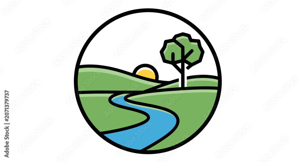 Fototapeta premium A serene landscape illustration of a winding river through green hills with a tree at sunrise.