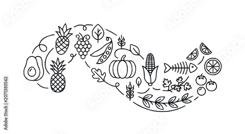 Organic Fruits and Vegetables Infinity Border Hand Drawn Line Art Illustration