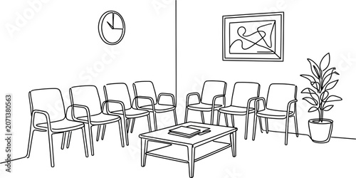 Bild auf Leinwand Line art illustration of a waiting room interior with chairs and table