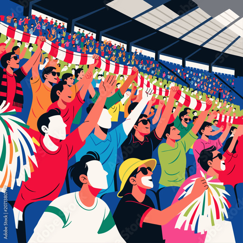 Fotografie Excited Sports Fans Cheering in Stadium Crowd