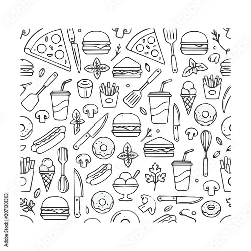 Fast Food and Street Food Line Icons Seamless Pattern Background