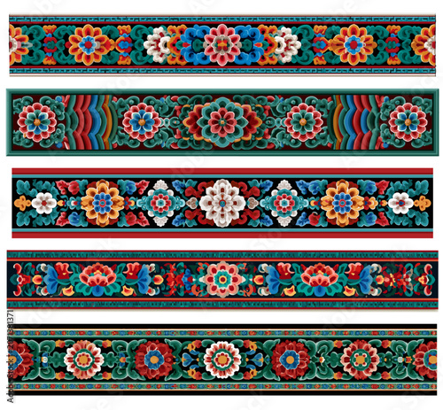 Traditional Korean Dancheong floral pattern horizontal border frame vector illustration set
