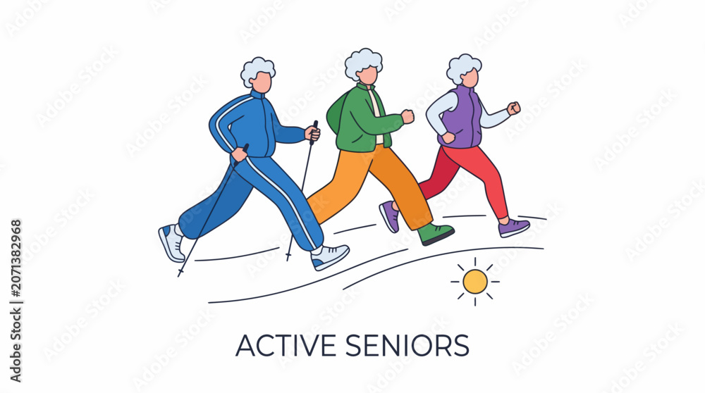 Obraz premium vector illustration of three active senior people jogging or running together outside on a sunny day, promoting healthy lifestyle and fitness for older adults.