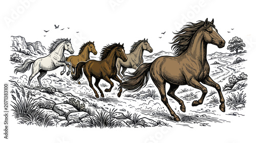 Cuadro en lienzo Horses Running Free in the Wild.