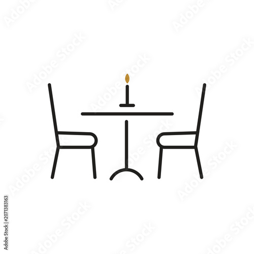 Romantic Dinner Table Line Icon Vector with Chairs and Candle