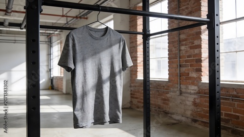 Blank grey t-shirt hanging on a rack in a modern gym with natural light