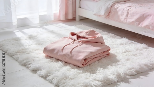 A neatly folded pink hoodie rests on a fluffy white rug in a sunlit bedroom.