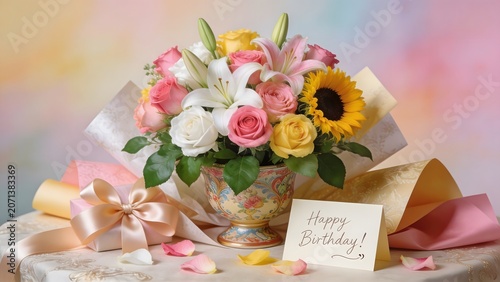 Beautiful birthday floral arrangement with gift and card on a festive table.