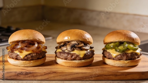 Three gourmet cheeseburgers with varied toppings including caramelized onions, mushrooms, and spicy jalapeños on a wooden board.