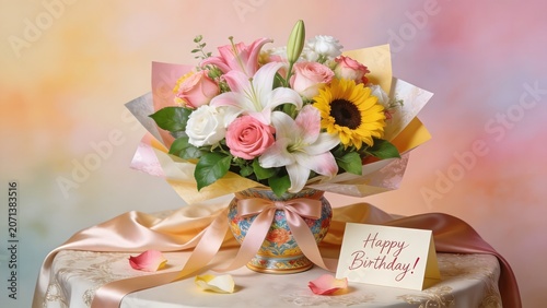 Beautiful bouquet of colorful lilies, roses, and a sunflower in a vase with a Happy Birthday card on a table.