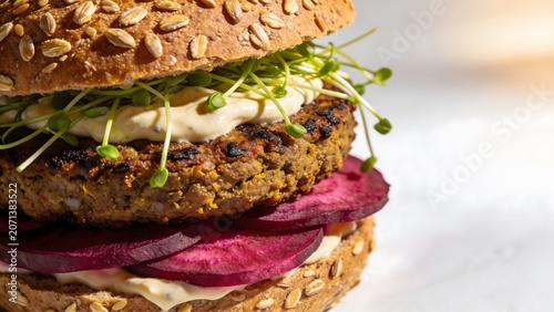Gourmet vegan burger with plant-based patty, microgreens and beetroot on a whole grain bun.