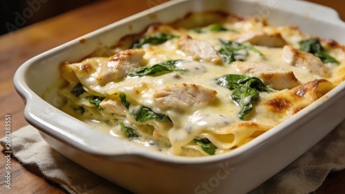 Homemade creamy chicken and spinach lasagna in a white baking dish on a wooden table.