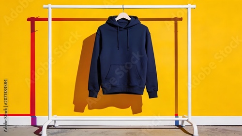 Navy blue hoodie hanging on a white rack against a vibrant yellow background