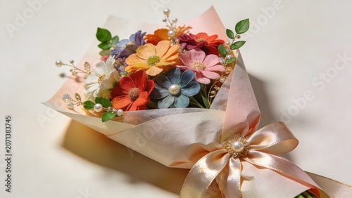 Elegant handmade flower bouquet with colorful artificial blossoms and pearl accents on a light background.
