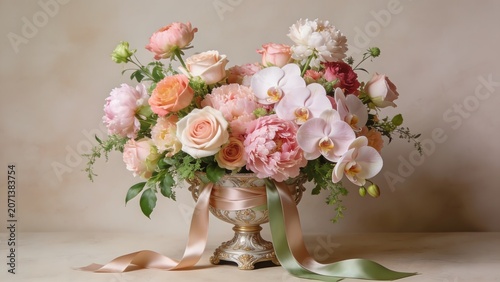 Elegant floral arrangement with pink peonies and roses in a vintage ceramic vase.