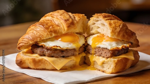 Delicious croissant breakfast sandwich with fried egg, sausage patty, and melted cheese.