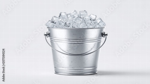 Ice cubes overflowing from a metal bucket on a white background.