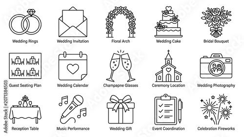 Collection of wedding planning icons and symbols.