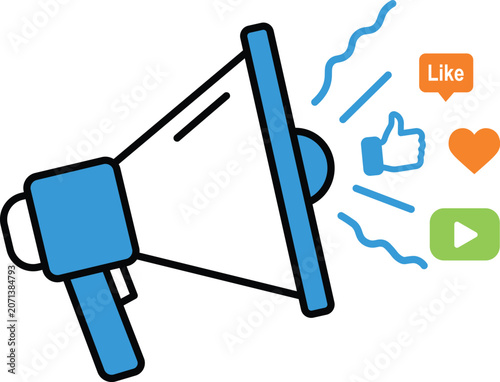 Blue megaphone with social media reaction floating around socialmedia like thumbsup
