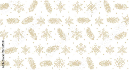 Winter pattern featuring delicate gold snowflakes and pine branches on white background perfect for elegant holiday gift wrapping and festive decorations.