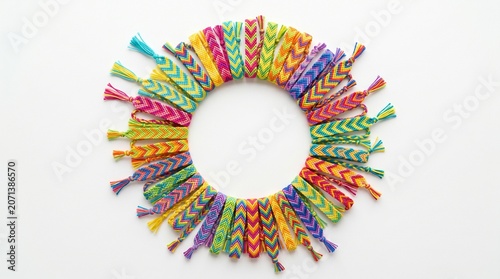 Colorful handmade friendship bracelets arranged in a circle isolated on white background