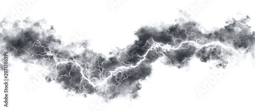 Twisting lightning arc striking through dense storm vapor, isolated on white background