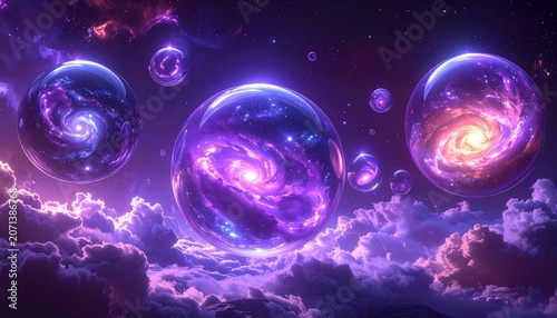 Vibrant Galaxies in Glass Orbs Floating in Space.