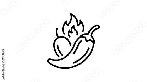 spicy chili pepper icon with flame and heart outline hot pepper logo for food and cuisine, simple line art of a spiciness icon on white background