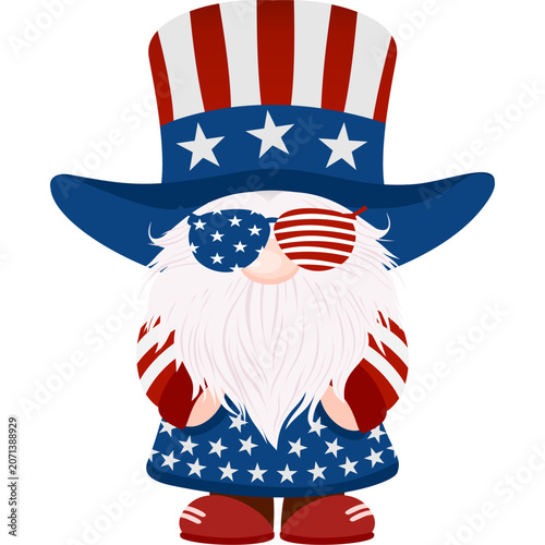 Cute patriotic gnome illustration featuring an American flag top hat and USA-themed sunglasses.