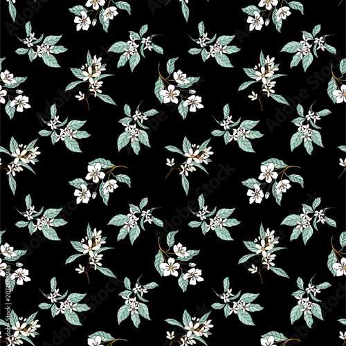 Elegant seamless floral pattern with delicate white blossoms and soft green leaves on a black background.