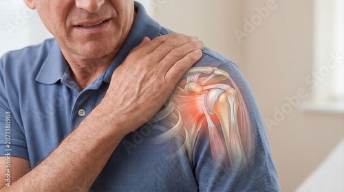 Senior man suffering from shoulder pain with holographic joint anatomy overlay. Mature patient holding injured painful shoulder,